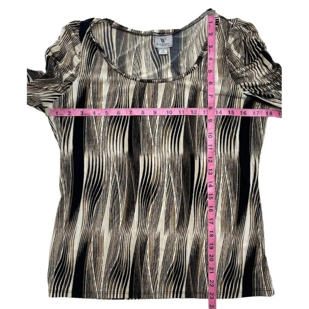 Worthington Brown Cream Black Stretch Knit‎ Ruched Sleeve Top sz Small